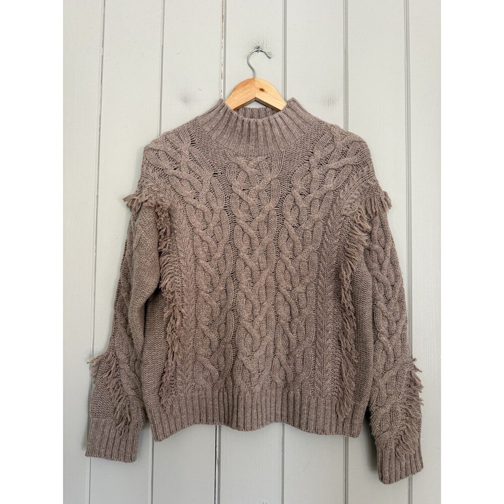 Banana Republic Sweater XS Chubut Wool-Cashmere Mock Neck Cable Fringe Grounded
